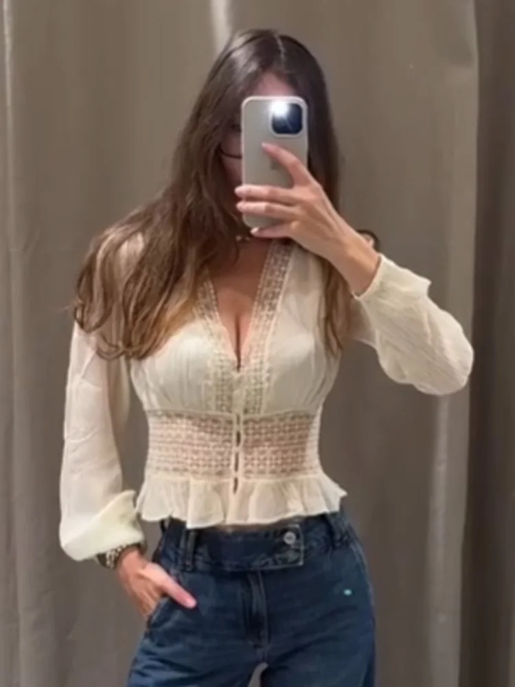 

HH Woman Casual Fashion V Collar Decoration Short Shirt Female Spring Lace Tulle Button Long Sleeves Versatile Solid Tops