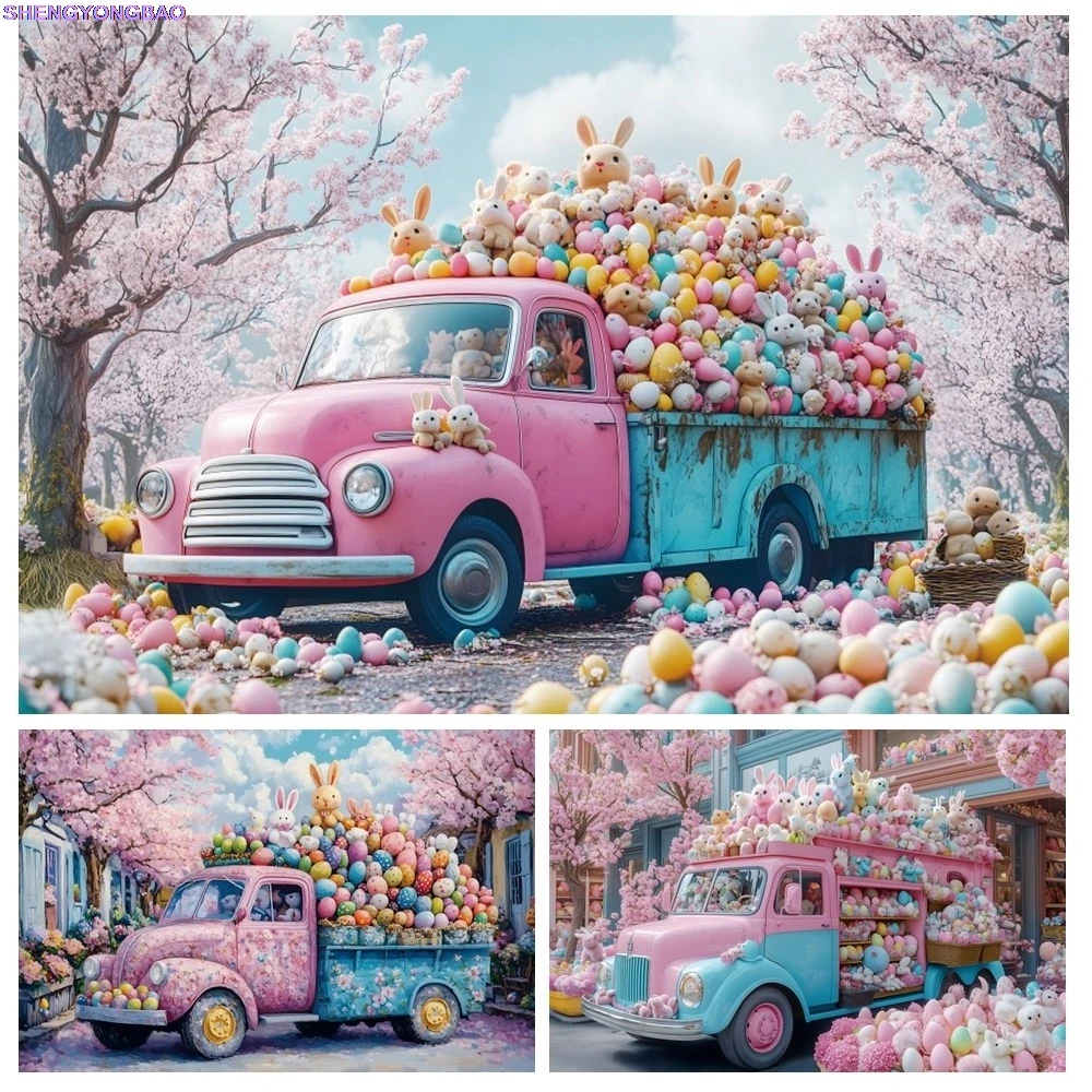 

Pink Truck Spring Easter Backdrop Toy Rabbits Eggs Girl Boy Kids Adult Birthday Family Party Photography Background Decor Studio
