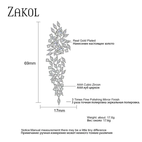 ZAKOL Vintage Luxury Teardrop Zircon Drop Earrings for Women Bling Leaf Crystal Earring Wedding Party Fashion Jewelry