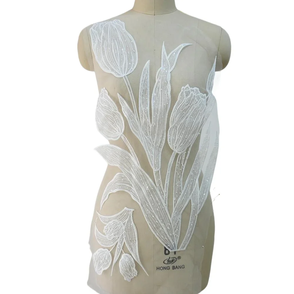 

Tulip Embroidery Beading Sequins Flower Cloth Patches Wedding Dresses Clothing Materials DIY Background Decoration Accessories