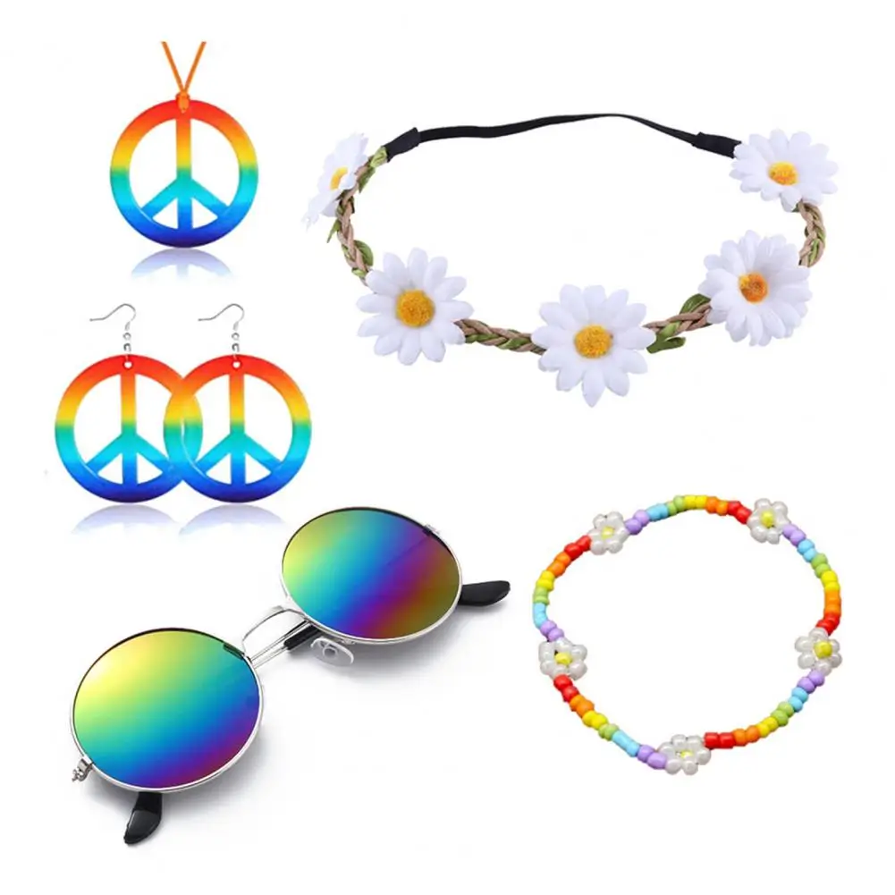 Peace Symbol Jewelry Set Vintage 60s 70s Disco Party Favors Costume Accessory Set for Women Peace Sign Flower Beaded for Theme