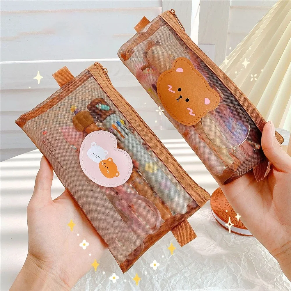 Cute Bear Transparent Mesh Pencil Case Ins Portable Toiletry Makeup Pencil Bag Stationery Gift School Pencil Box Crafts Supplies