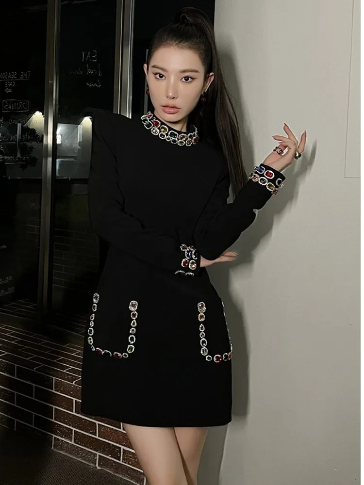 

Vintage Colored Diamonds Stand Collar Luxury Dress Women's Black New British Fashion Slim Temperament Dresses Retro Short Robe