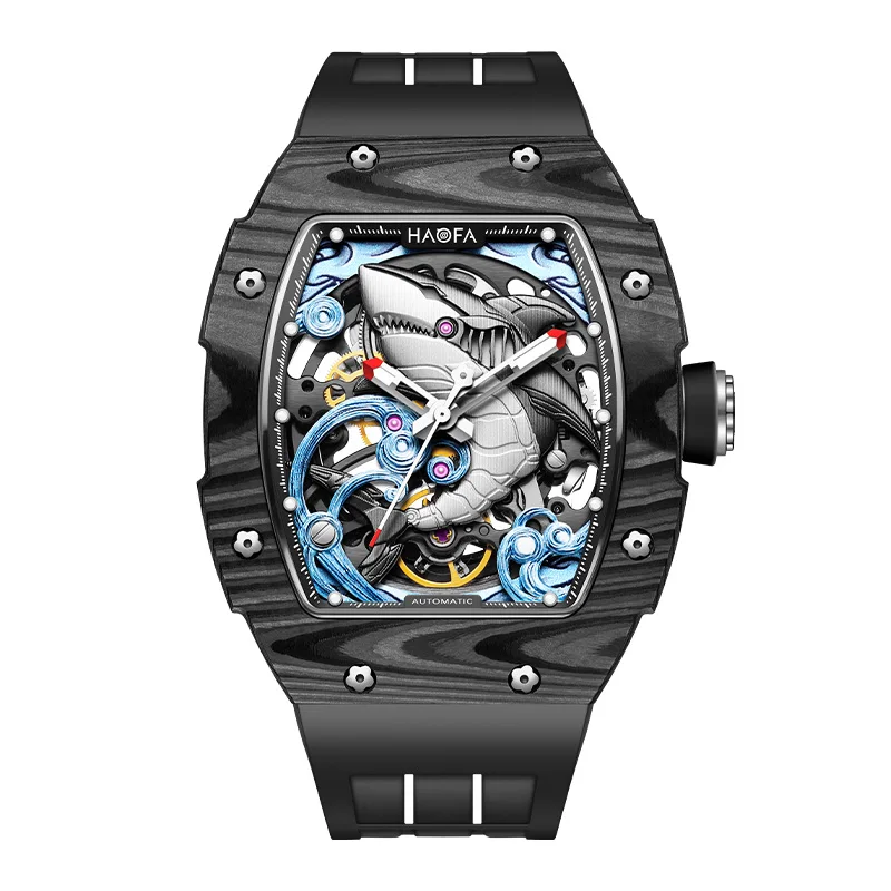 Haofa Double Carbon Fiber Automatic Mechanical Watches for Men Hollow 3D Shark Dial Mens Watch Luminous Wristwatch Casual 1990