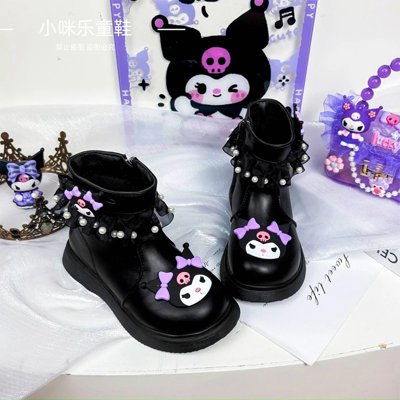 

2024 Sanrio Kawaii Kuromi Anime Small Leather Shoes Girl Heart Cute Cartoon Autumn Winter Princess Ankle Boots Shoes Light Gifts