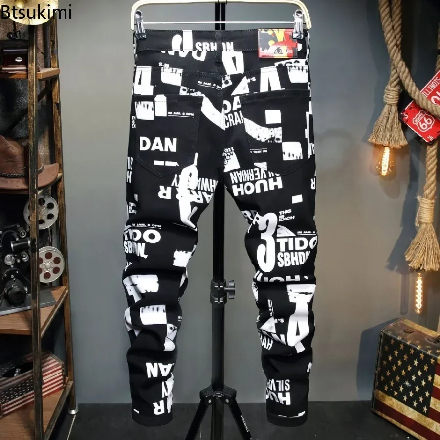 2025 New Men's Letter Printed Jeans Trend Street Style Casual Hip Hop Trousers Men Elastic Slim Denim Pants Fashion Pencil Pants