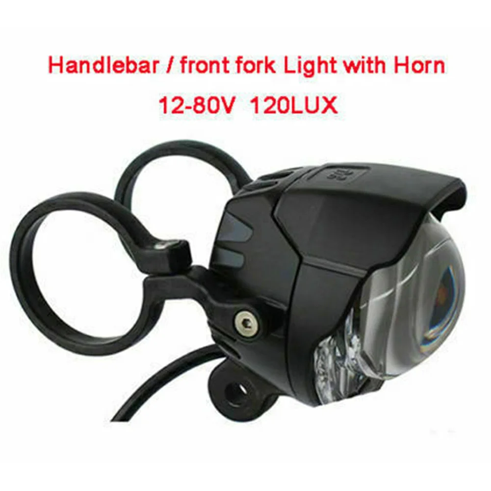 E-bike DC12-80V LED Head Light Front Fork Handlebar Light Horn W/ Bracket Mountain Bike Scooter LED Light 120LUX 1.5m Cable