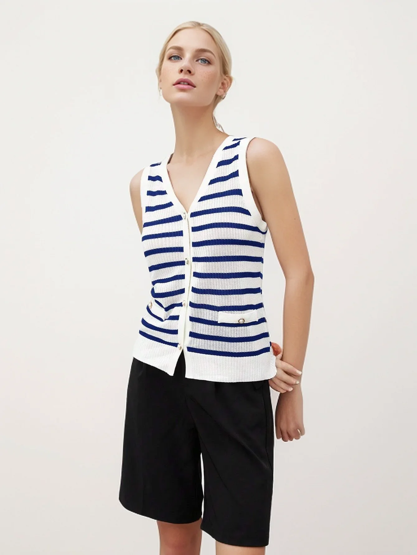 Vest for Women Striped Dressy Tops Cropped Tank Tops Summer Sleeveless Button Up Cardigan Sweater Vests