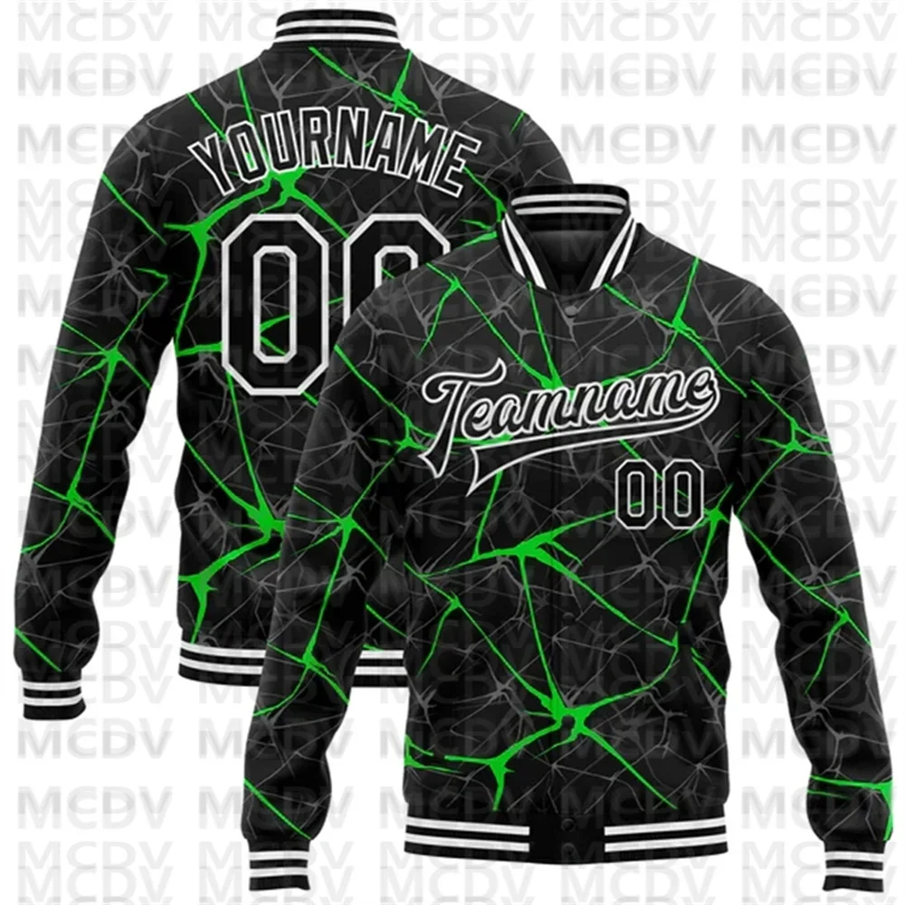 Benutzer definierte schwarze neongrün 3d Muster Design Bomber Full-Snap Uni Letterman Jacke