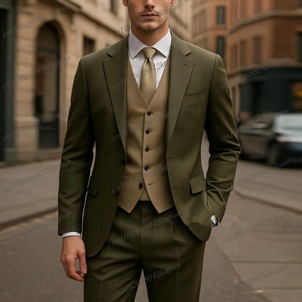 

Army Green And Brown Formal Men Suit Groom Groomsman Wedding Party Prom Business Male Tuxedos 3 Piece Set Blazer Vest Pants