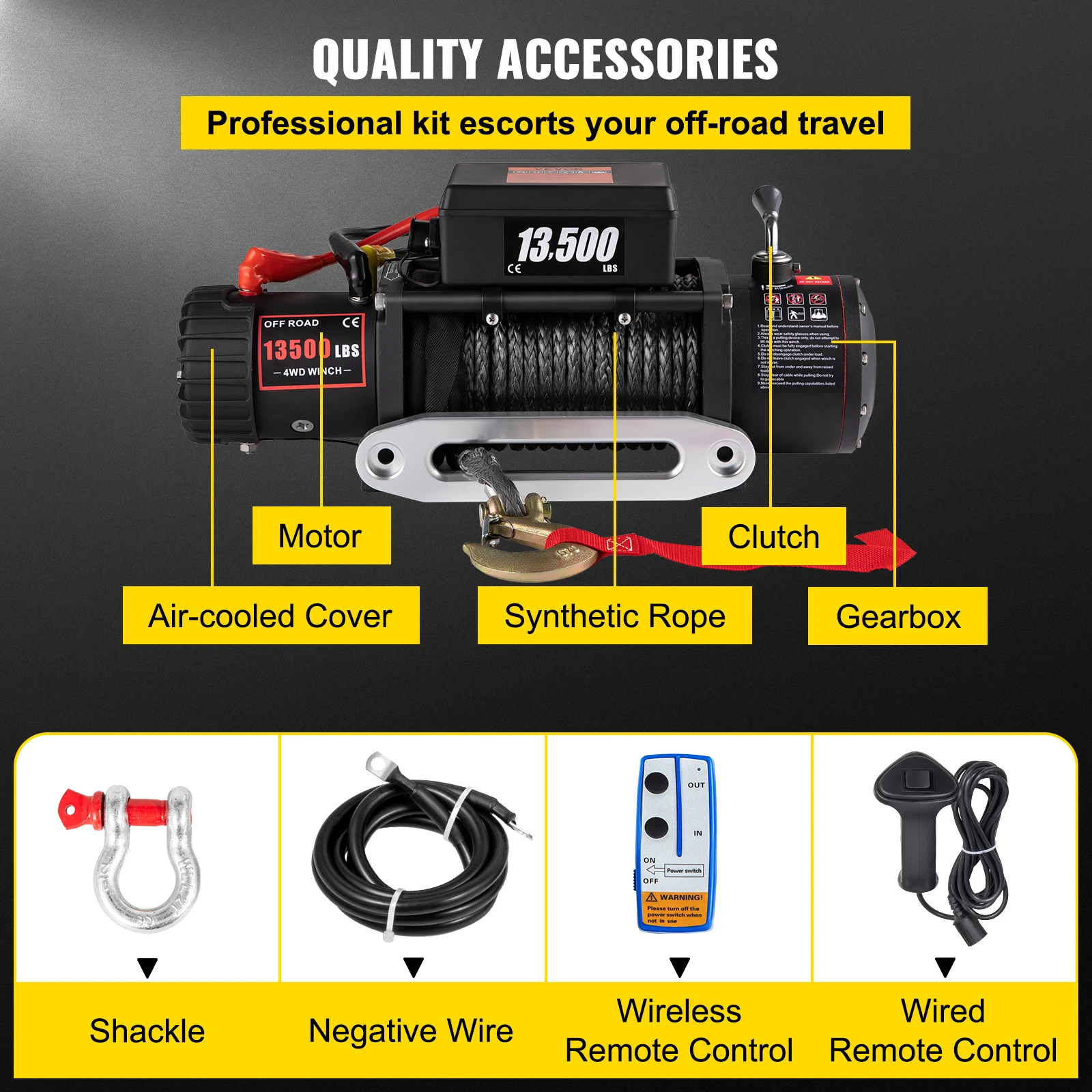 13500LBS Electric Winch Synthetic 12V Tow Rope 27M/92FT Lifting Hoist for 4X4 Car Trailer ATV Truck