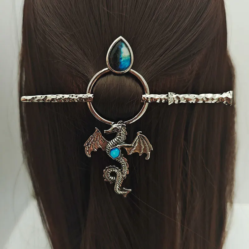 Viking Dragon Claw Hairpin - Double-Headed Wyvern Hair Accessory with Leather Accents