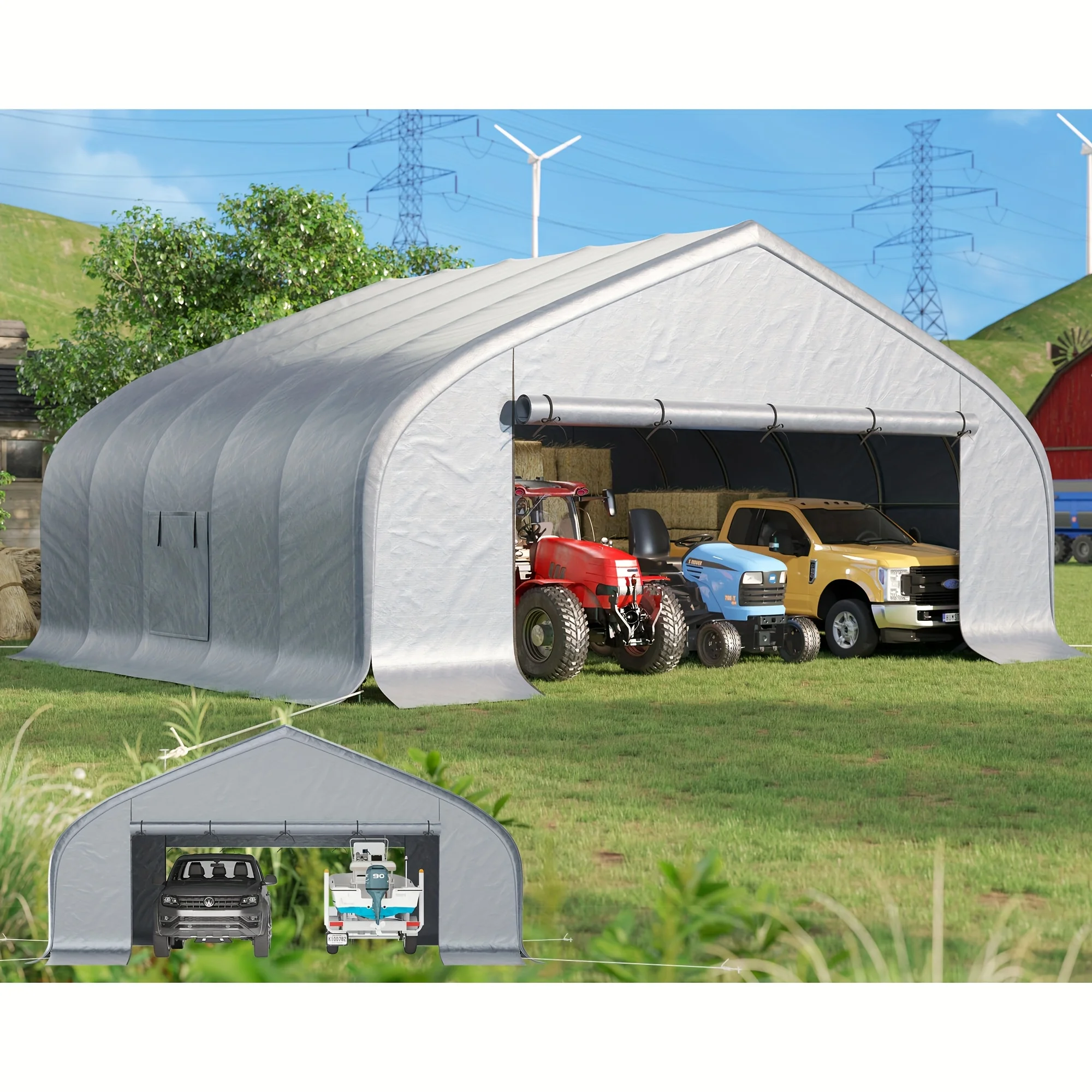 

22.5 x 20ft Heavy-Duty Aluminum Carport with Roll-Up Doors & Mesh Windows - Outdoor Vehicle Shelter Suitable for 2 Cars, RV,, Equipment - Snow-Resistant Frame, Assembly,