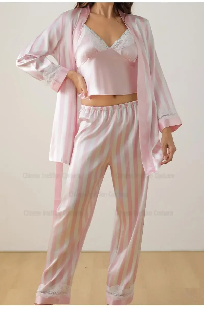 

Домашняя одежда с кружевной отделкой, ночная рубашка из искусственного шелка, полосатый пижамный комплект, одежда для дома, 3 шт., топ на бретельках, брюки, кардиган, женская сексуальная одежда для сна, домашняя одежда