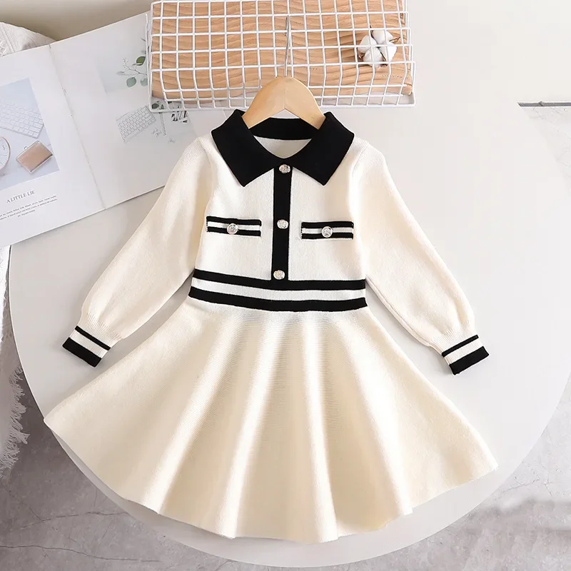 Children\'s Dresses Lapel Dress Stylish Slim-fit Sweater Dress Knitted Sweater Toddler Girl Winter Clothes Kids Knitwear