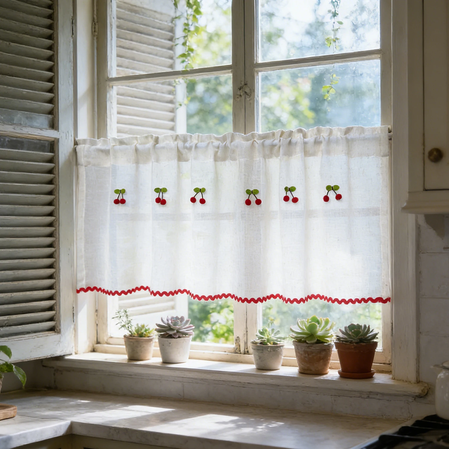 1PC Korean Style Cute Red Cherry Small Curtains,Beige Short Curtain For Kitchen Windows,Home Partition Half Curtain Decoration