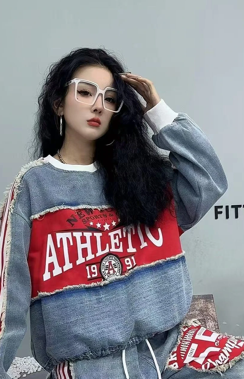 European Style Denim Sweatshirt for Women 2025 Autumn New Color-Block Letter Print Frayed Hem Drawstring Tops Streetwear Women