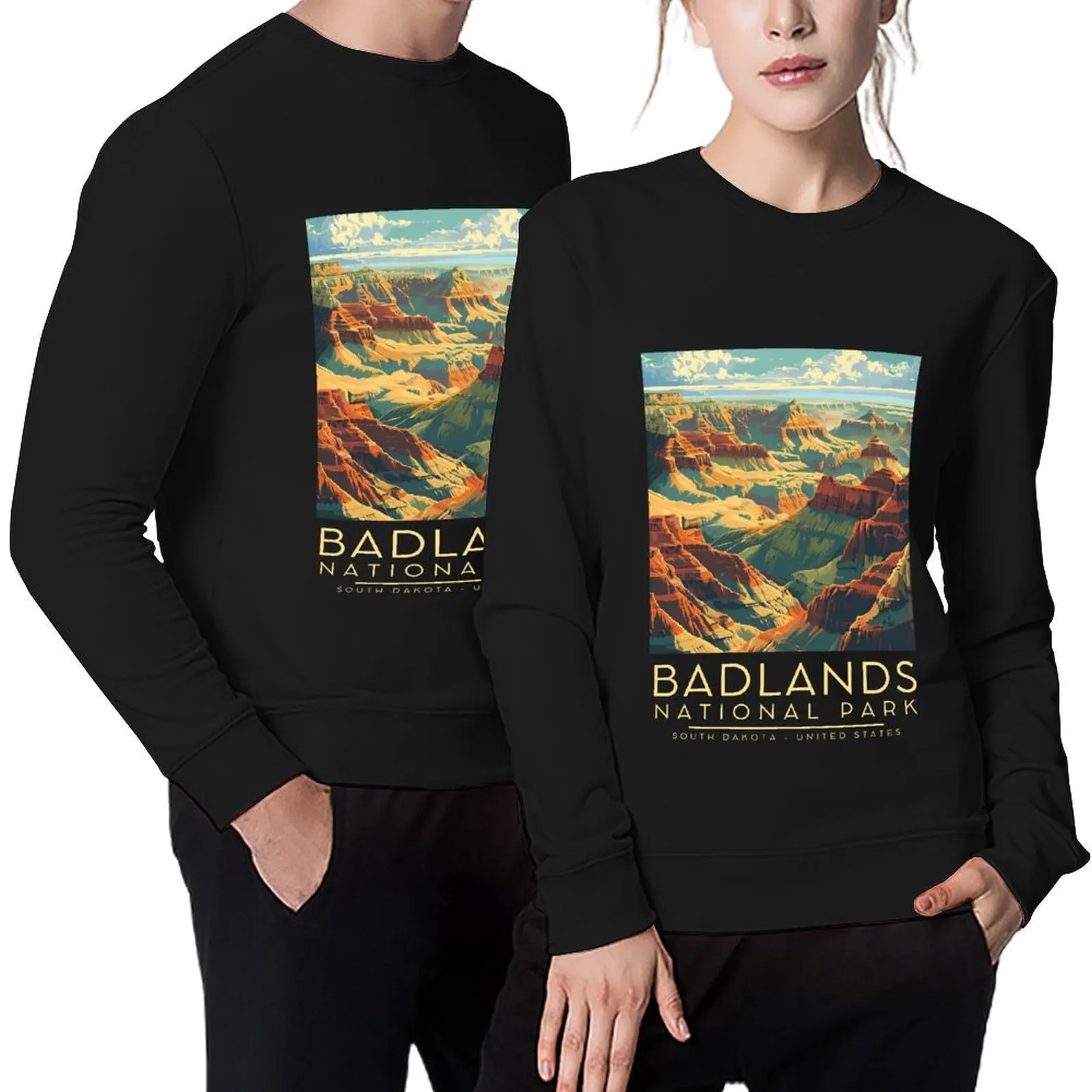 

A Vintage Illustration of Badlands National Park - South Dakota - US Pullover men's autumn clothes anime clothing men sweatshirt
