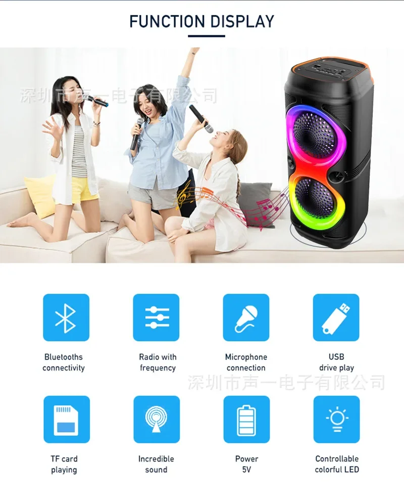 High Power Home Karaoke Partybox Wireless Bluetooth Speakers Outdooor Heavy Bass Subwoofer Portable Soundbar RGB Lights FM/TWS