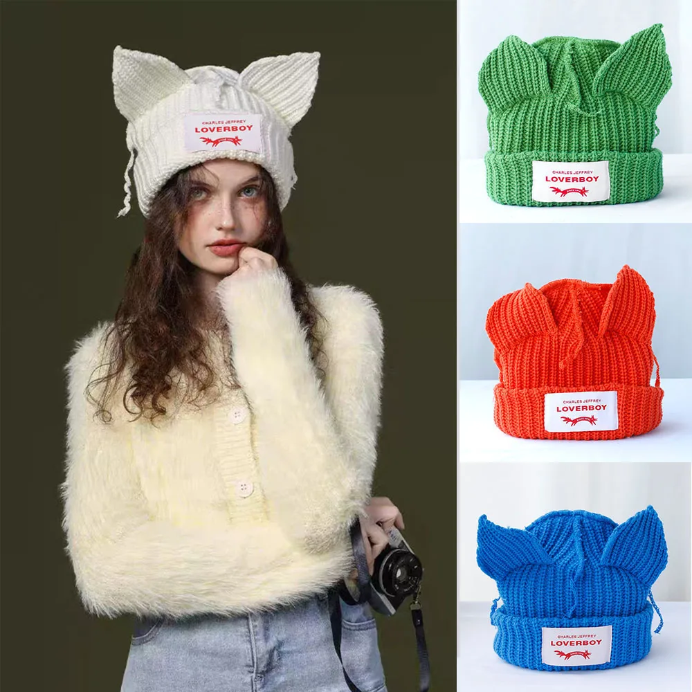 2024 fashion Lover boy Cat Ear Knit Hat solid Warm Pig Ear Woolen Hat Cute Hooded Cap Niche Design Hip-hop Christmas Gift