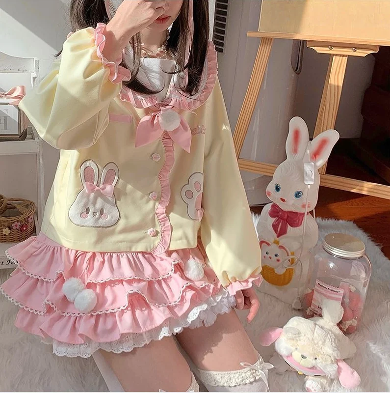 Japanese College Style 2‑Piece Outfit Cute Bunny Sailor Collar Jacket + Pink Ruffled Cake Skirt, Bow Embroidery Sweet Lolita Set - view 5