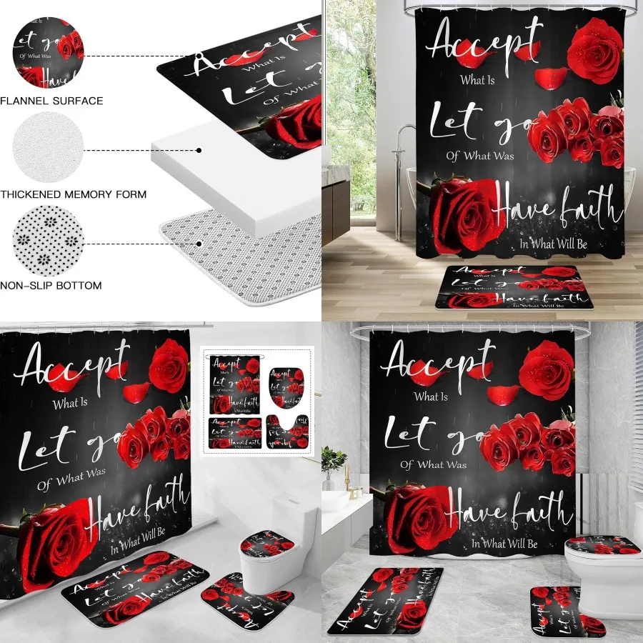 

4 Pcs Red Rose Shower Curtain Sets with NonSlip Rug Toilet Lid Cover and Bath Mat for Elegant Bathroom Decor Thankful Grateful