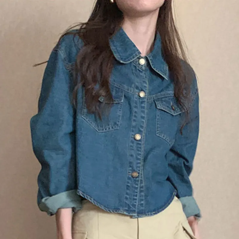 

Retro Chic Waed Denim Jaet Long Sve Turn-down Collar Single Button Design Double ket Autumn Versatile Faion Outer...