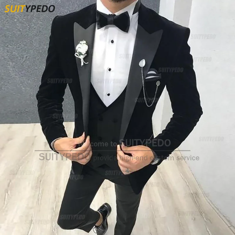 

Fashion Velvet Suits for Men Luxury Slim Fit Prom Wedding Blazer Vest Pants 3 Pieces 2023 Formal Black Tuxedos for Men Groom