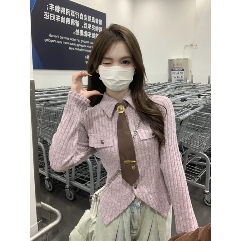 

Новый стиль, тонкая рубашка с галстуком для колледжа, шикарный топ для женщин, нерегулярный дизайн, с лацканами с длинными рукавами