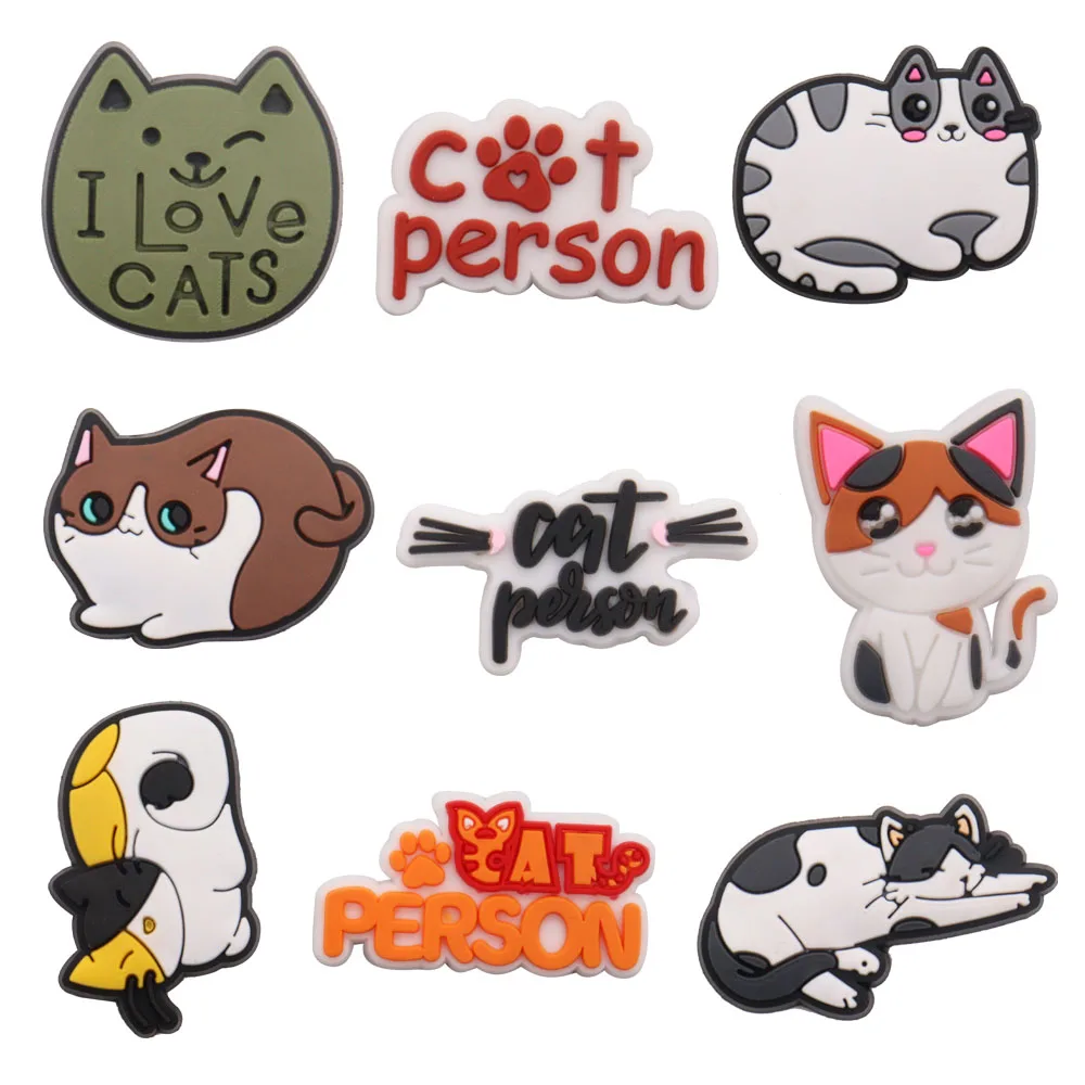 Hot Sale 1pcs PVC Cute Cartoon Shoe Charms I Love Cats Person Sandals Shoes Decoration Garden Shoes Accessories Kid Party Gift