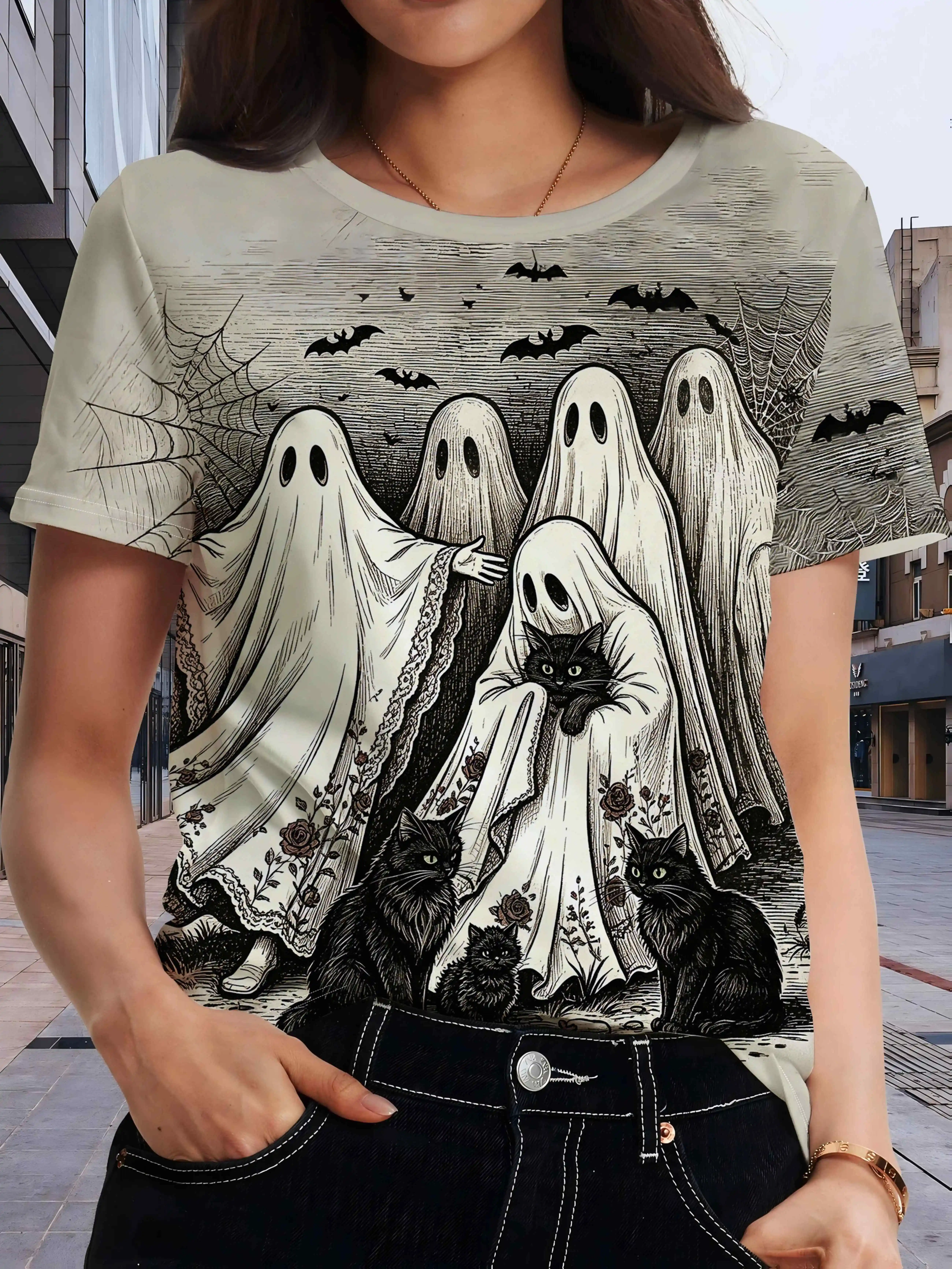 Women's T-shirt Halloween Ghost Black Cat Bat Web Print O-neck Short Sleeve Vintage Gothic Style Casual Summer Ladies Clothing