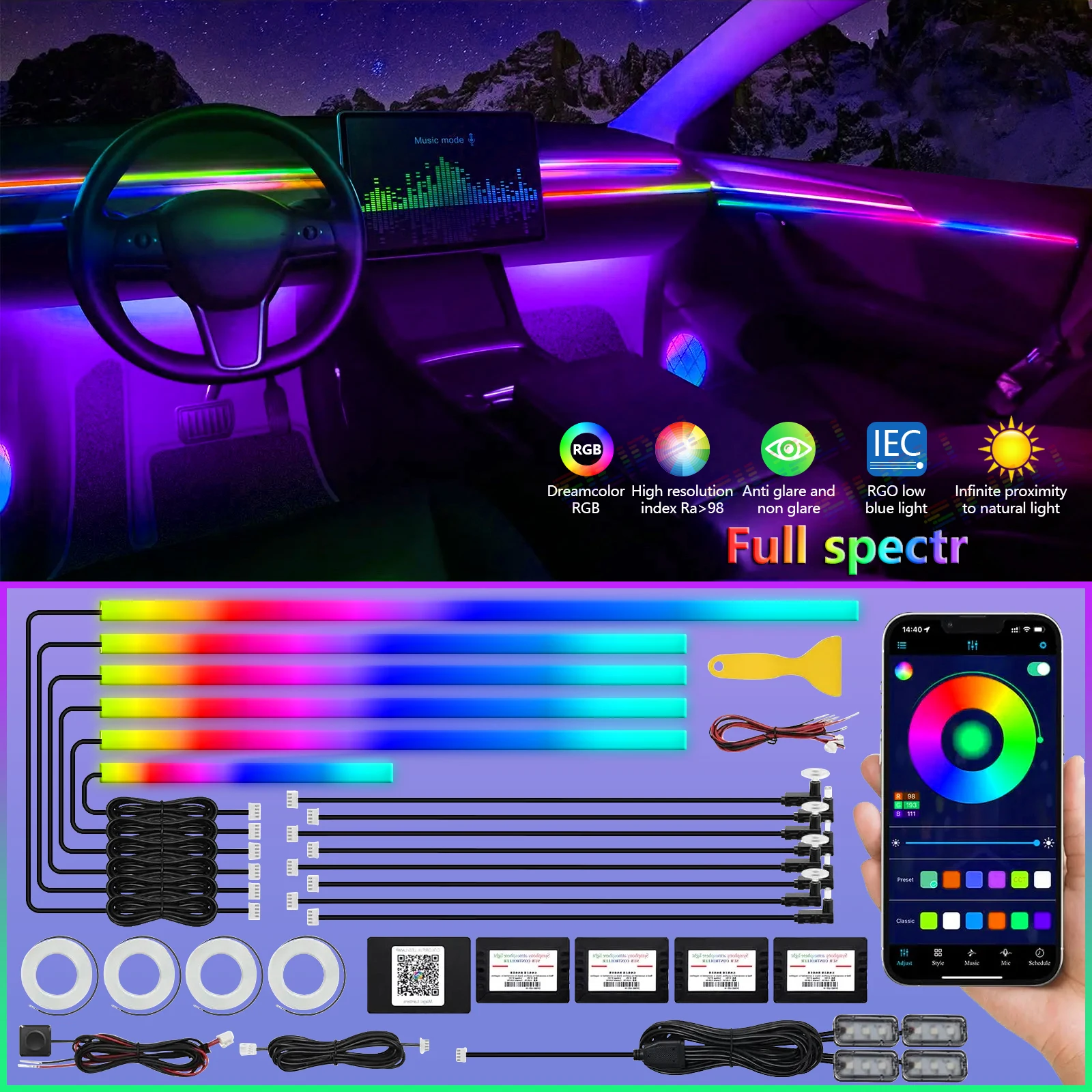 14 In 1 Full Color Streamer Car Ambient Lights RGB 64 Color Universal LED Interior Hidden Acrylic Strip Symphony Atmosphere Lamp