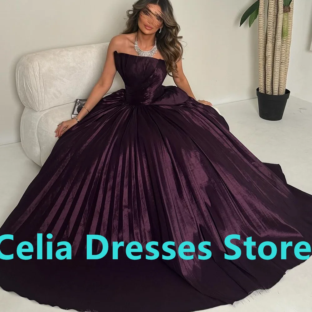 Floor Length Pleats Straight Strapless Satin Sleeveless Dubai Evening Caftan Dress Sweep Train Solid Purple Quinceanera Gowns