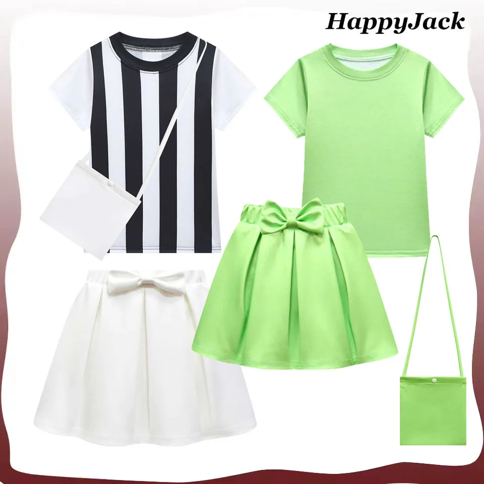 

Kids Cosplay Costume Girls Striped Shirt Short Sleeved Pleated Skirt Bag Outfits Stage Performance Halloween Carnival Suit