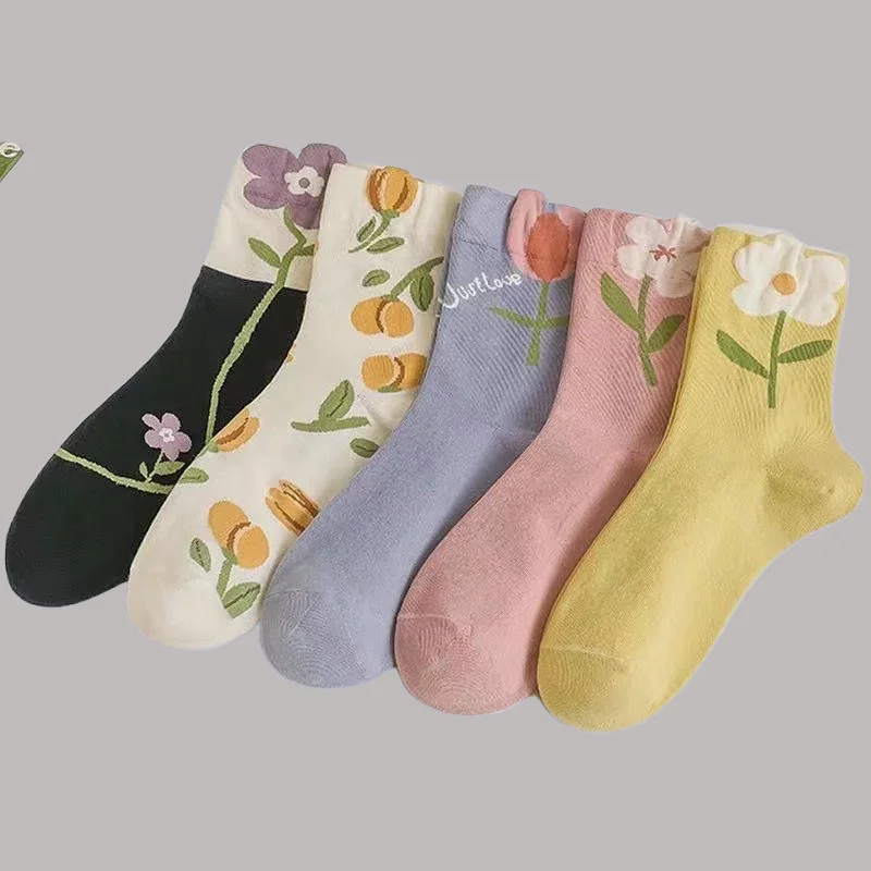 

5/10 Pairs College Socks Niche Personality Flower Socks Women's Spring Summer and Autumn Middle-Tube Socks Sweet Style Socks