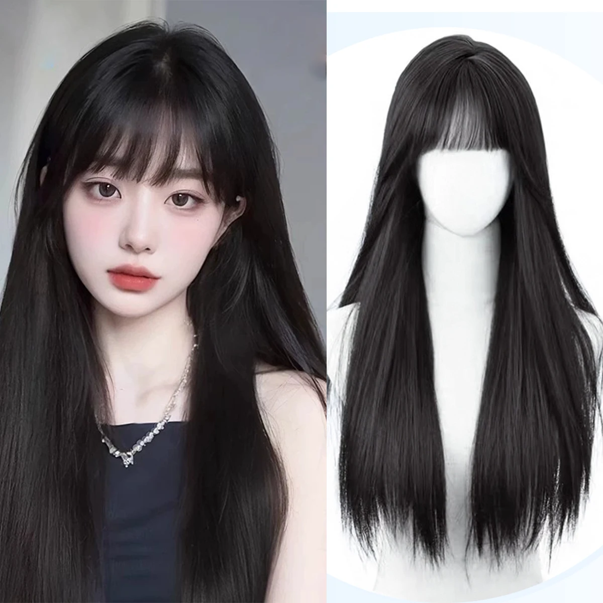 

Synthetic black long straight female long hair with bangs, full headgear, women's natural simulation hair wig, daily wear