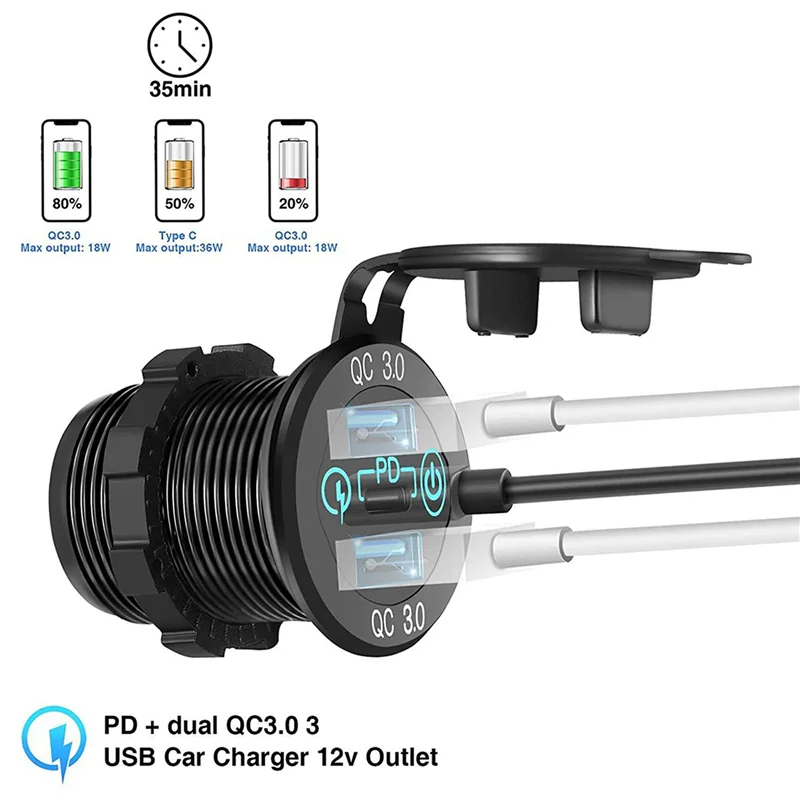 

N05R 6X Quick Charge Socket 60W USB-C Multiple Car Charger Socket PD 3.0 & Two QC3.0 Ports With Touch Switch Fast Car Adapter