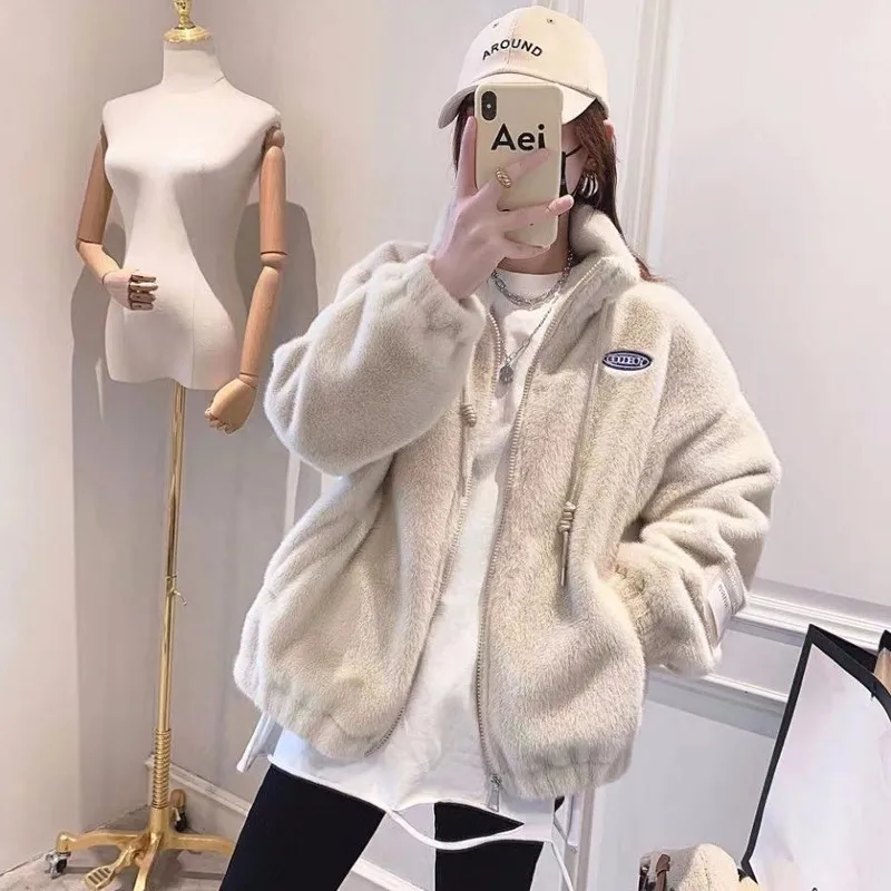 

Fluffy Outerwear Women's ort Sle Thiened Rabbit Fur Simulation Loose Fit Autumn Winter Young Faion Warm Cotton Coat