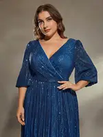 Mgiacy plus size V-neck bust pleated mid-long sleeve A-frame sequin long dress Evening gown PROM dress Party dress - Image 3