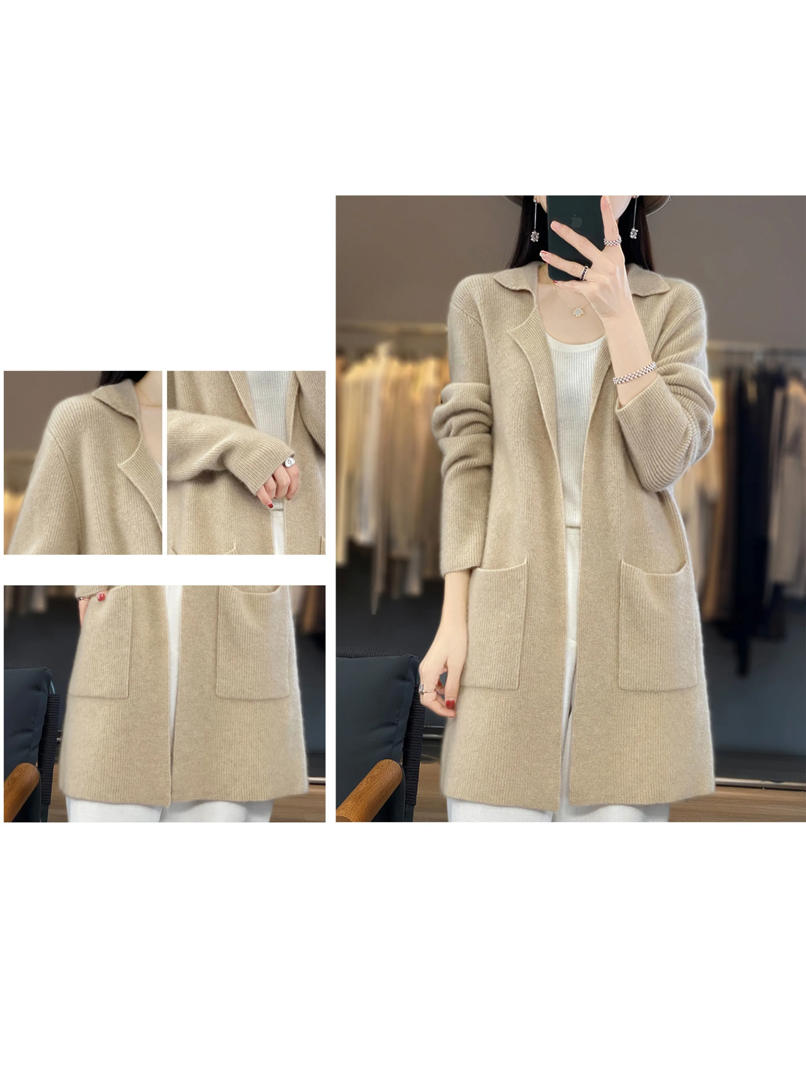 

Women Mid-calf wool Cardigan Sweater Autumn Winter Lapel Collar Soild Pocket Knitted Jacket Versatile Cashmere Coat Soft Comfort