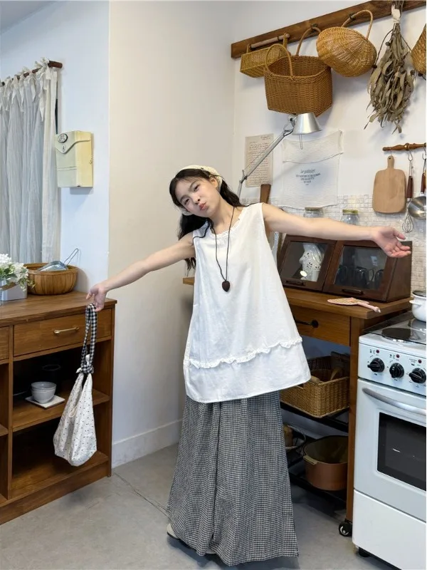 

plus Size Casual Outfit Summer New Style Retro Japanese round Neck Vest Plaid Wide Leg Pants High Waist Nine Points Pants