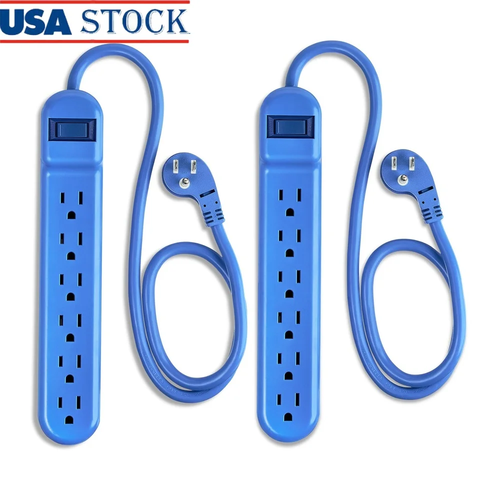 6 Outlet Surge Protector Power Strip 2 Pack 2.5ft Cord Space Saving Right Angle Plug 500 Joule Energ...