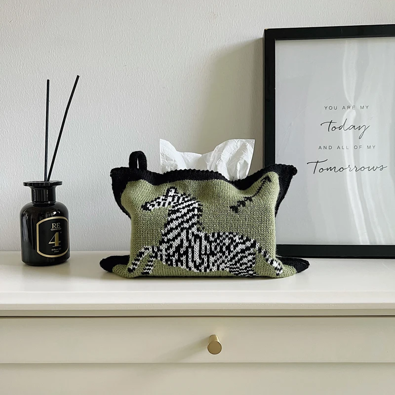 Zebra Retro Car Knitted Fabric Tissue Box, Drawstring Box, Storage Hanging Tissue Bag