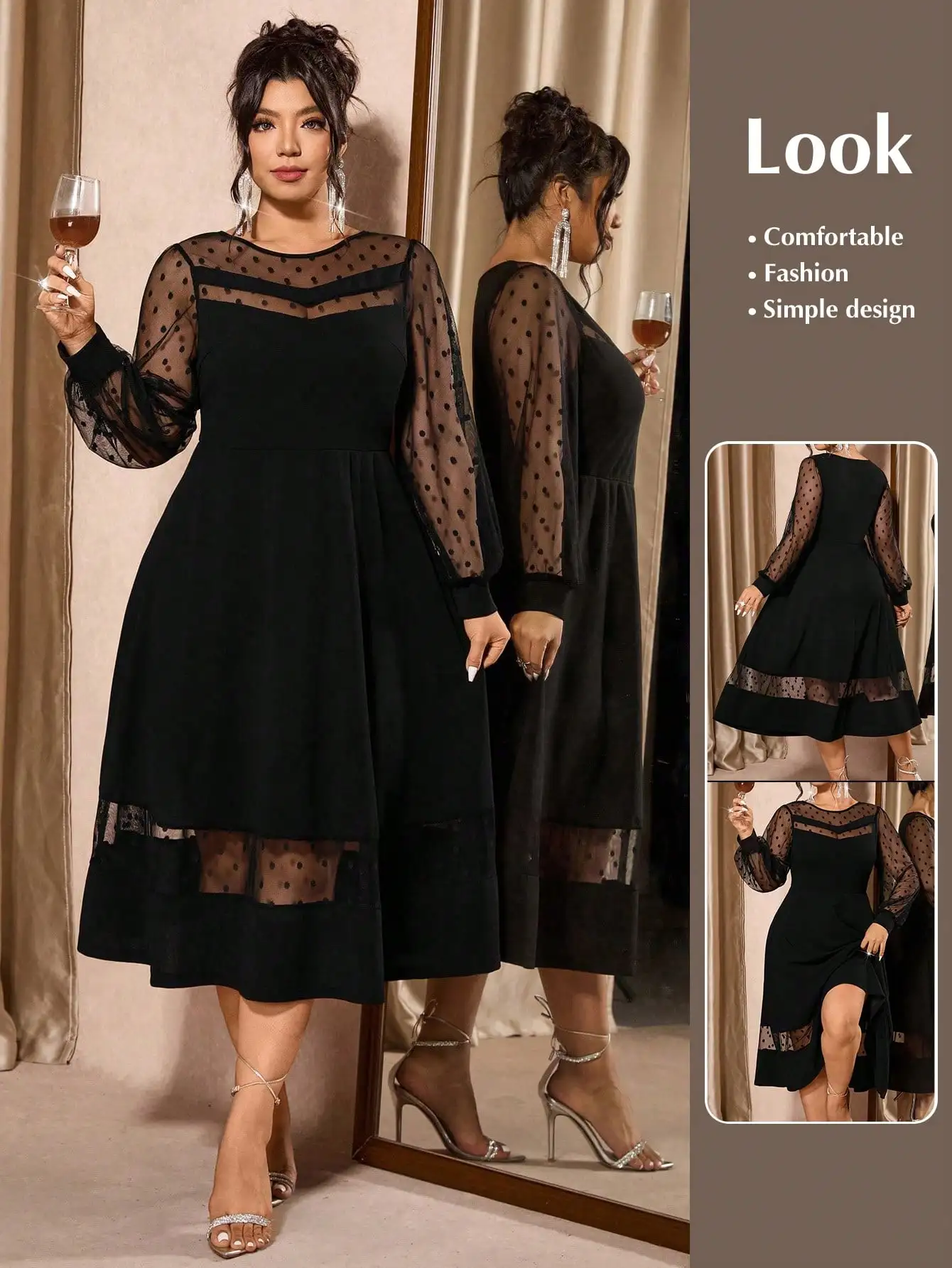 

Женское черное платье миди больших размеров с прозрачными рукавами в горошек