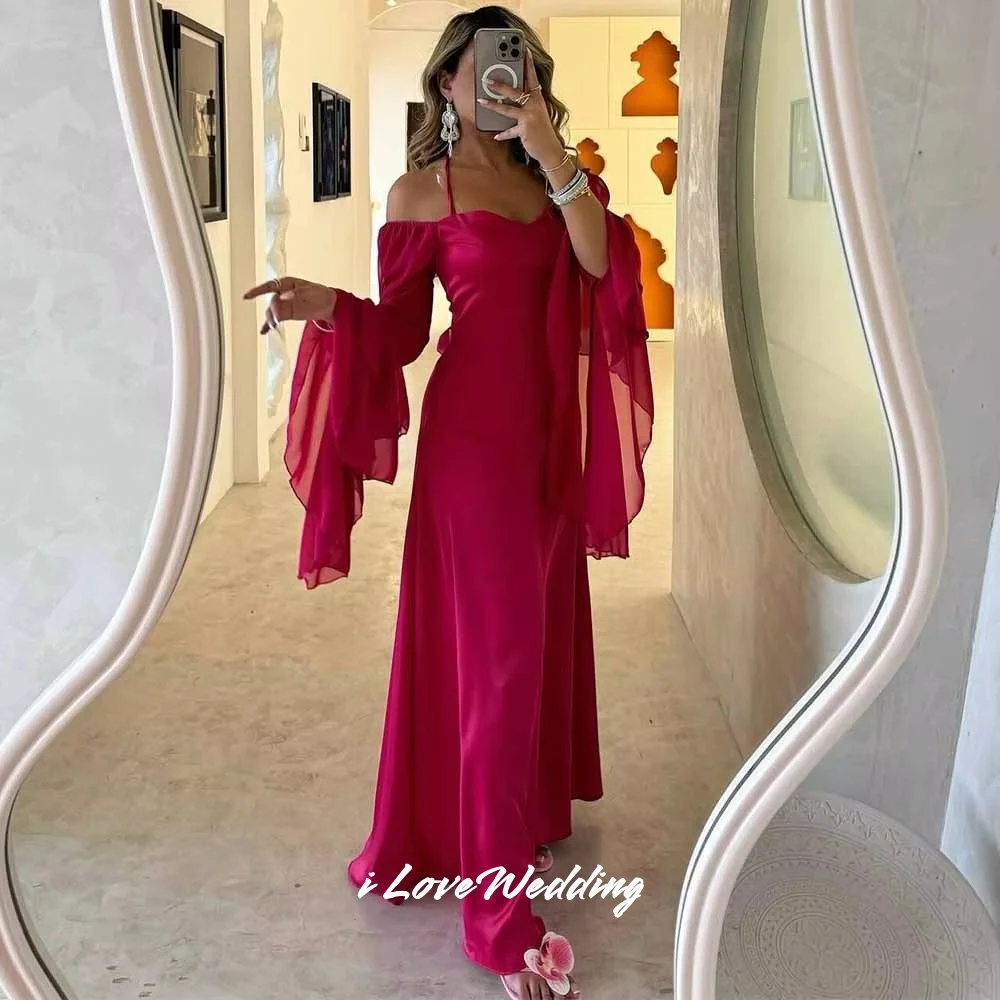 

Fuchsia Off Shoulder Evening Dress 2025 Spaghetti-Strap Long Sleeve Mermaid Ruffles Pleated Floor Length Party Dress Customized