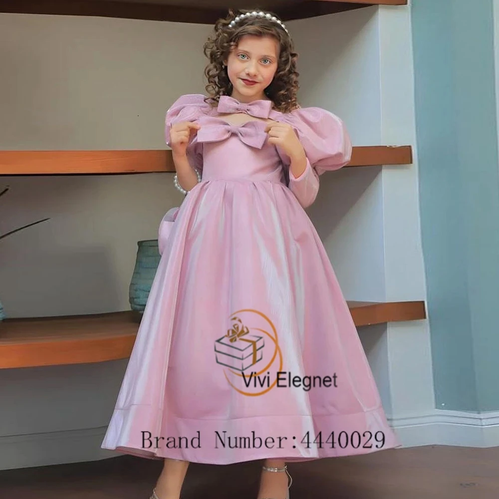 

Exquisite Scoop Flower Girls Dresses with Bow Puffy Sleeve Wedding Party Dresses 2024 Summer New Ankle Length Vestido De Novia