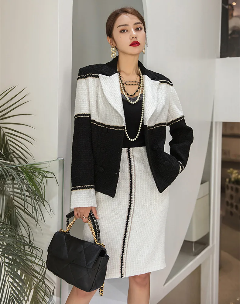 Spring Autumn Chic Elegant Women High Quality Black White Patchwork Tweed Jackets F033