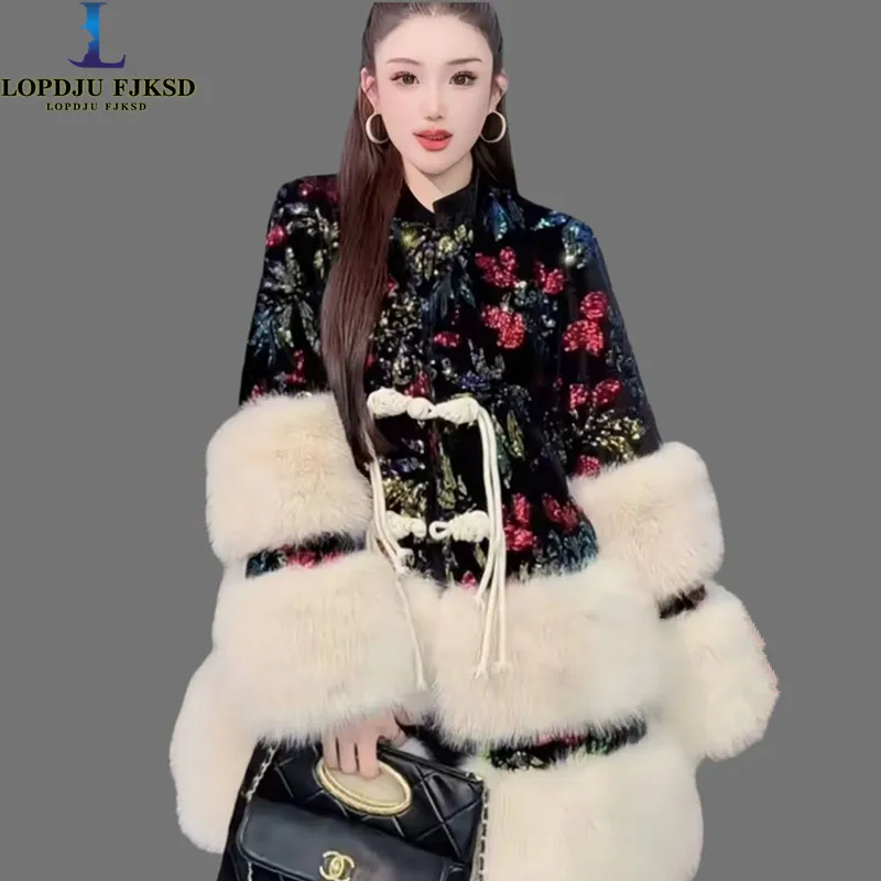 Faux Fur Coat for Women,Single Breasted Jacket,Sequins Outwear,Luxury,O-Neck,Spliced,Autumn and Winter,2025