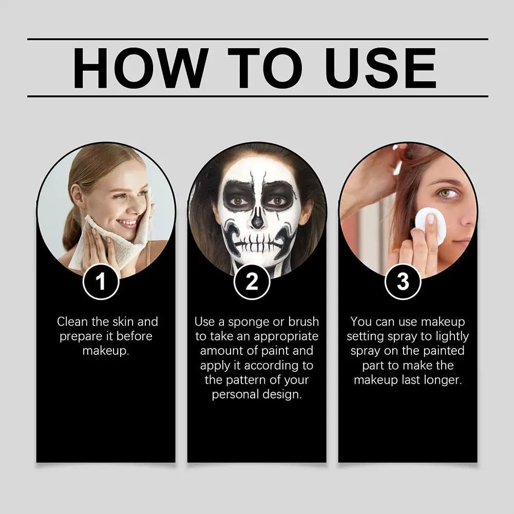 ชุดสีเพ้นท์หน้าและตัวสีดำขาวสำหรับฮาโลวีน พร้อมแปรงแต่งหน้าติดทนนาน สำหรับชุดแต่งหน้าสนุกสนานในเทศกาลฮาโลวีน
