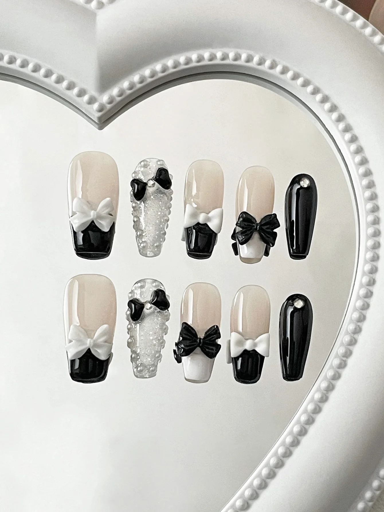 Black White French Press On Nails, Handcrafted Medium False Nails with 3D Bows, Sparkle Pearl & Glitter Decor